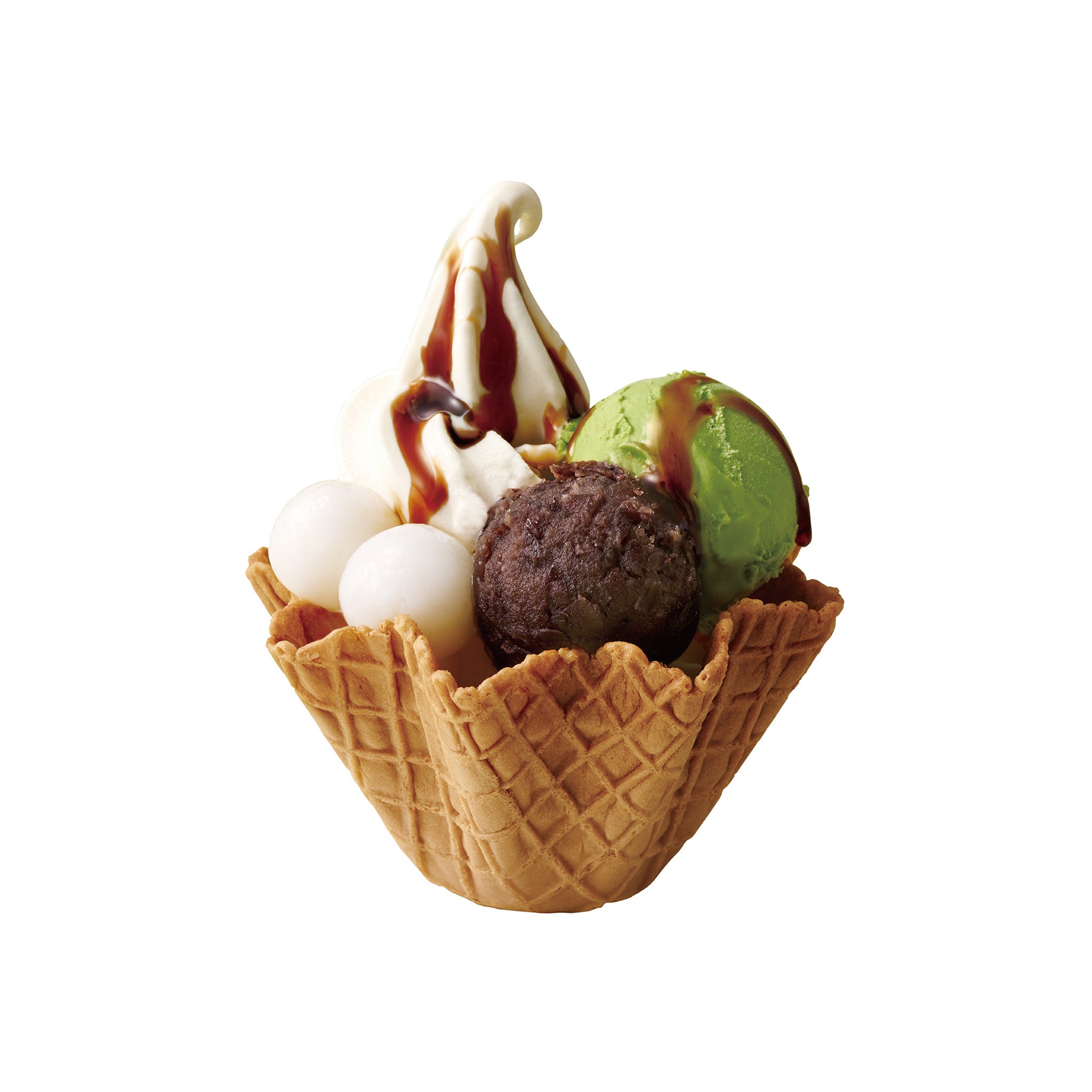 抹茶白玉あずきソフトワッフル <small><br>Milk soft serve Waffle cone w/Matcha ice cream, Shiratama mochi and Red bean paste</small>