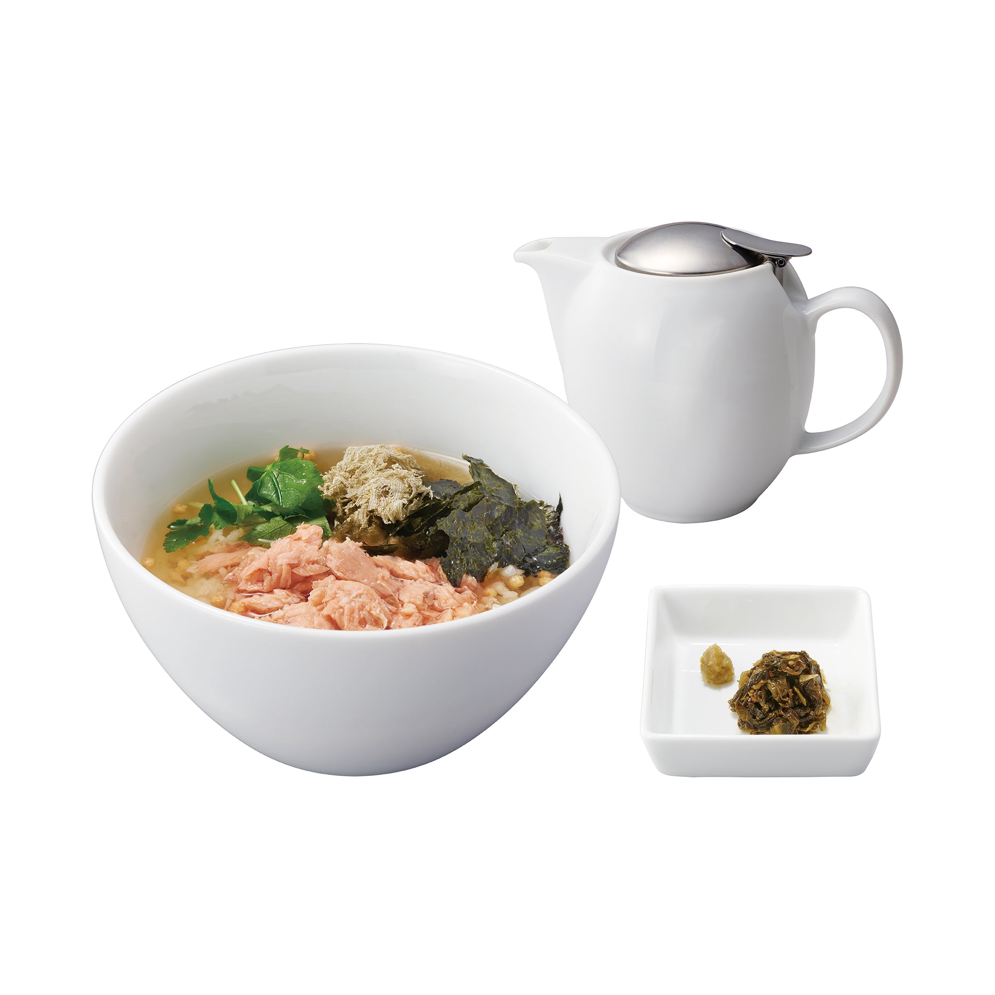 鮭ととろろ昆布の柚子胡椒出汁茶漬け <br><small>Salmon flakes, Shredded kelp w/Yuzu citrus chili paste</small>