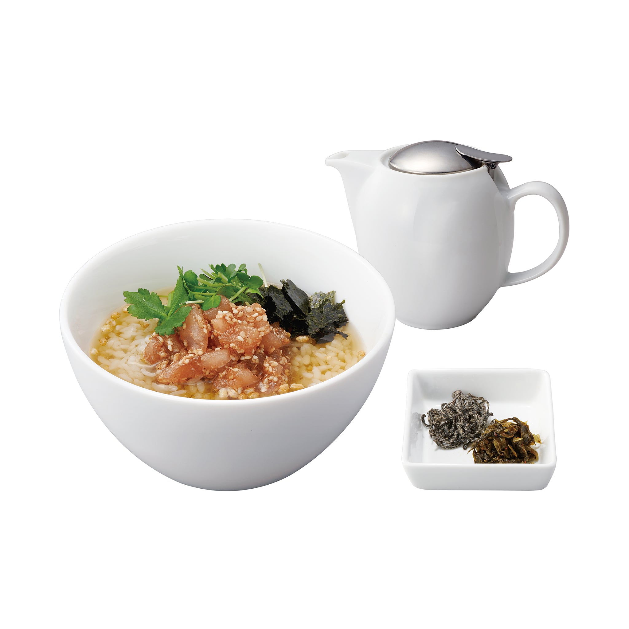 天然カジキ鮪の胡麻和え出汁茶漬け <br><small>Marinated wild-caught marlin tuna w/Sesame flavor</small>