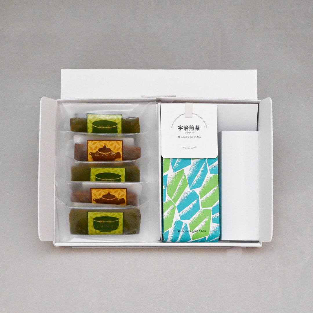 【アソートギフトボックス】フィナンシェ5個（抹茶3個・ほうじ茶2個）＆選べる日本茶