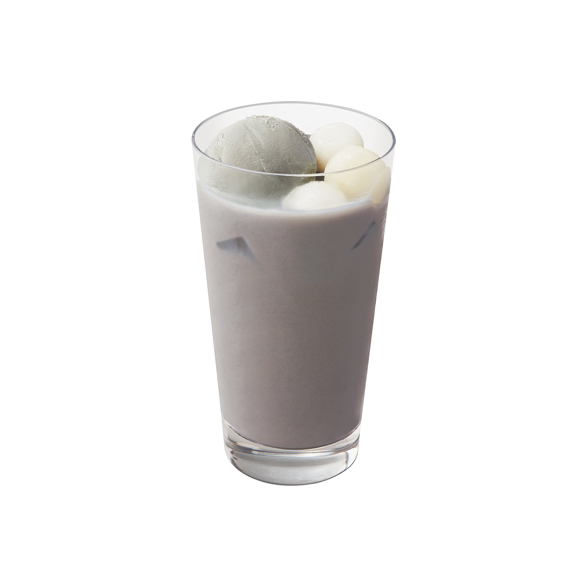 黒胡麻あん白玉フロートラテ　<br><small>（ICED）<br>Black sesame bean paste Latte w/Black sesame ice cream and Shiratama mochi</small>